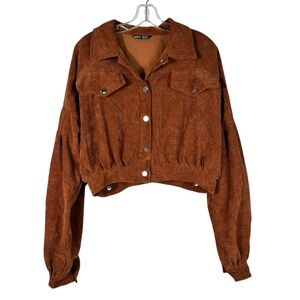 Shein Brown Ribbed Corduroy Cropped Button Down Balloon Sleeve Shacket Small S